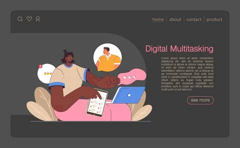 Digital multitasking web banner or landing page dark or night mode Stock Illustration