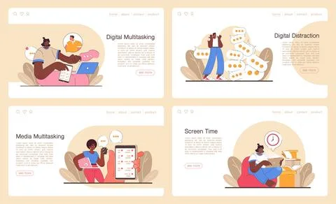 Digital multitasking web banner or landing page set. Effective Stock Illustration