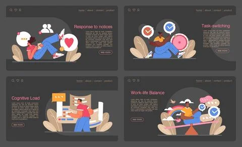 Digital multitasking web banner or landing page dark or night mode set. Illustrazione stock