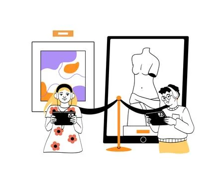 Digital museum experience with two visitors using tablets. イラスト素材