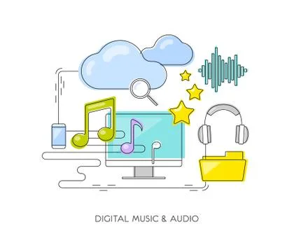 Digital music &amp; audio concept. Thin flat line notes, cloud, headphones, mobile. Stock Illustration