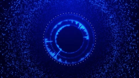 Digital music spectrum ring with blue circular waveform, particle halo, futurist Stock Footage 340571433