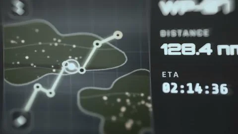 Digital nautical map plots an island route with 128.4 nautical miles Stock Photos