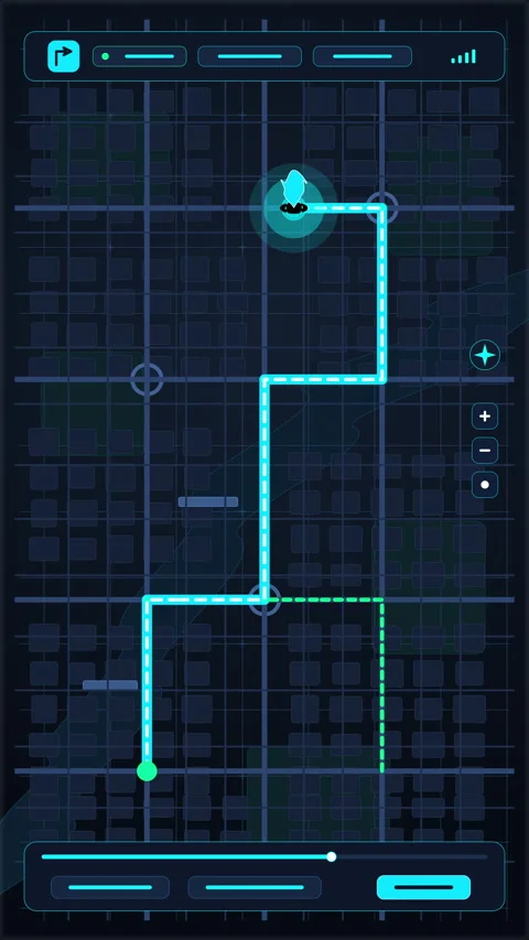 Digital navigation map interface with glowing route path and tech grid Stock Footage 347562978