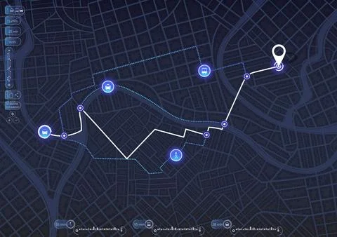 Digital navigation map interface showing routes for car bus and walking with Stock Illustration