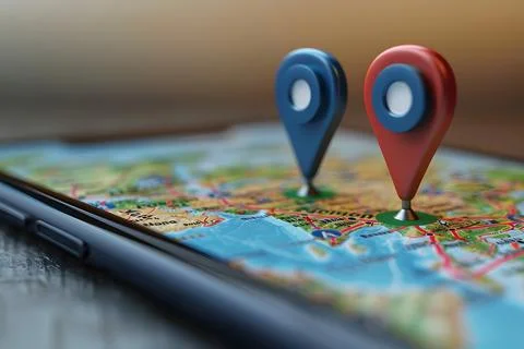 Digital navigation pins on map Stock Photos