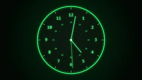 Digital neon clock face with glowing green hud interface and moving hands f.. Stock Footage 345841476