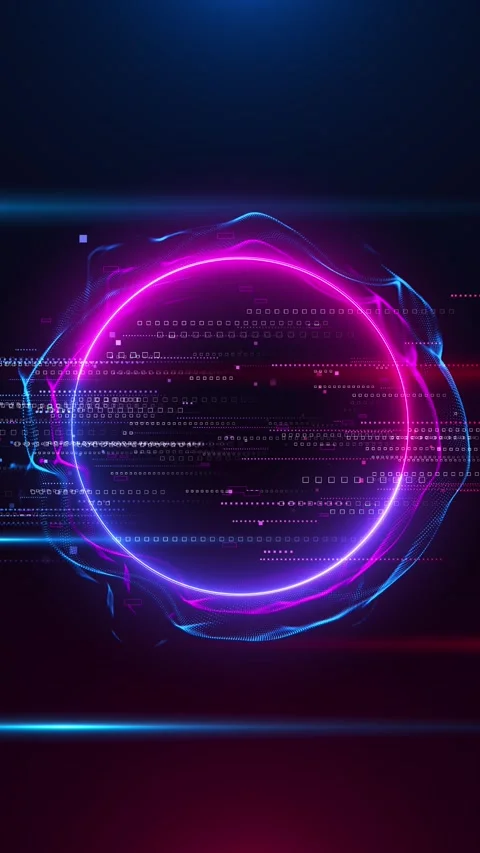 Digital neon data pulse ring luminous magenta cyan glow, floating pixel elements Stock Footage 340398768