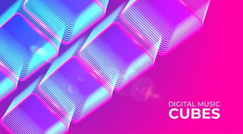 Digital neon glowing cyber cubes. Musical, gaming, technology, background with Illustrazione stock