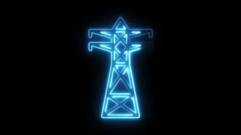 Digital neon glowing electrical tower, radio tower signal wave animation Stock Footage 321194299