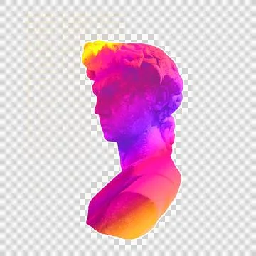 Digital neon gradient bust is floating against gold binary code columns on Stock Illustration