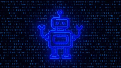 Digital Neon Robots Floating on a Data Grid Stock Footage 340127340
