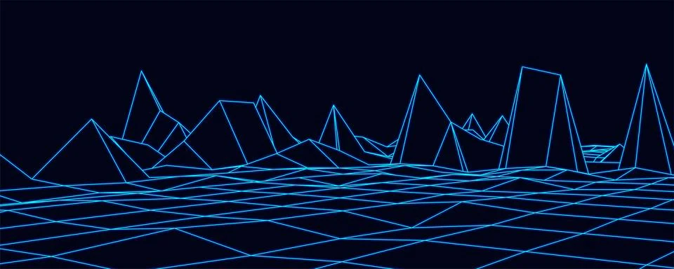 Digital neon wireframe landscape. Wireframe terrain polygon landscape desig.. Illustrazione stock
