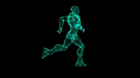 Digital Neon Wireframe of Running Human In Futuristic Motion Stock Footage 339057379