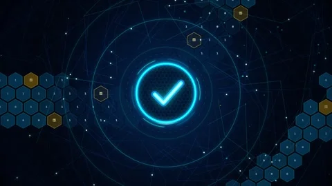 Digital network abstract background with glowing blue checkmark icon inside.. Stock Footage 345045734