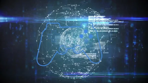 Digital network and coding animation over video game controller outline Stock Footage 304853587
