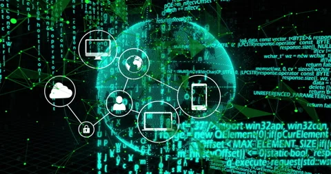 Digital network and cybersecurity animation over green binary code and globe Stock Footage 303739987