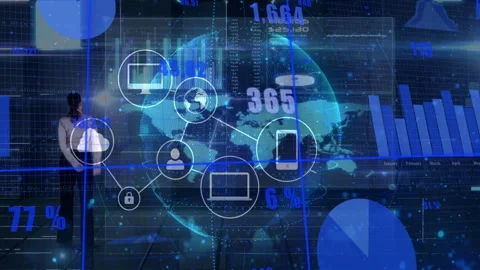 Digital network and data analytics animation over global map and charts Stock Footage 304853920