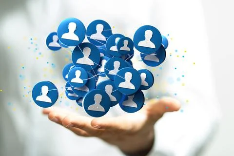 Digital Network and data icons flying over mans hand Foto stock