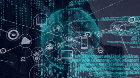 Digital network and data processing animation over cityscape with binary code Video stock 304572527