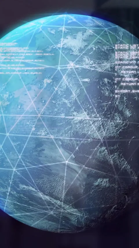 Digital network and data processing animation over rotating Earth and geometric Stock Footage 319977372