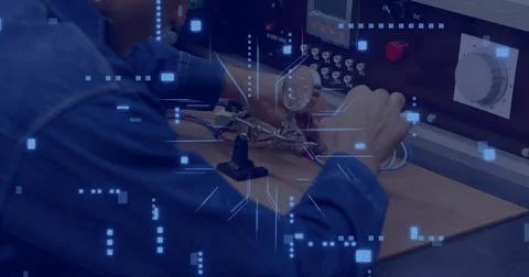 Digital network and data processing image over person working with electronic 스톡 사진