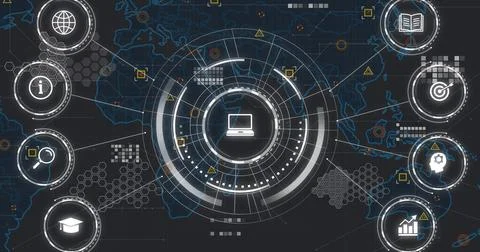 Digital network and data processing image over world map background 스톡 사진