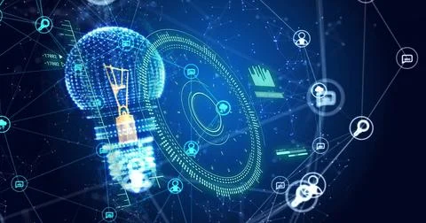 Digital network and data processing image over blue technological background Stockfoto's