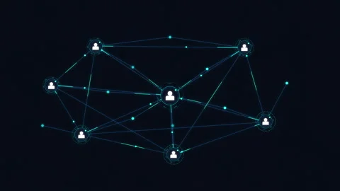Digital network animation, glowing blue nodes connecting people data 스톡 동영상 346544611