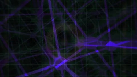 Digital Network Animation with Glowing Nodes and Grids in Vibrant Colors Stockbeeldmateriaal 343694302