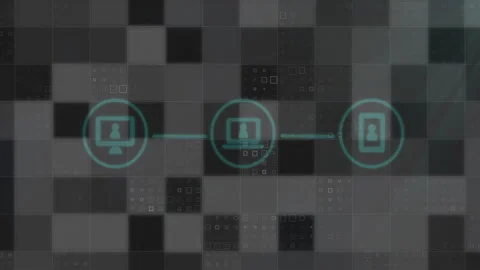 Digital network animation over pixelated background, showing computer, laptop, Stock Footage 303878239