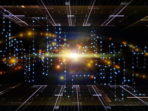 Digital Network Circuit with Glowing Data Nodes and Light Burst Stock Illustration