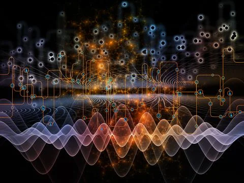 Digital Network Circuit Lines with Glowing Data Waves Stock Illustration