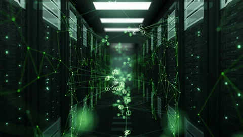 Digital Network Code Green Color in Abstract Server Room with DOF Blur. Looped Video stock 95887124