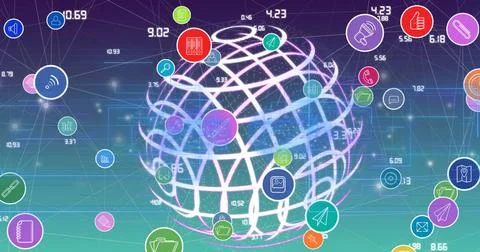 Digital network concept with interconnected icons and data points on virtual Stock Photos