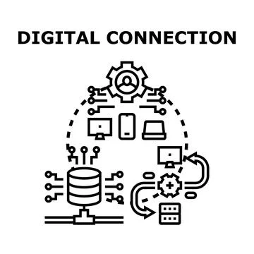 Digital network connecting diverse devices and data systems Stock Illustration