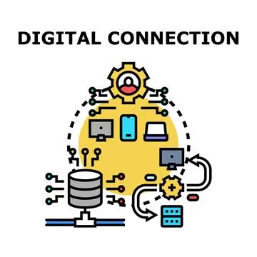 Digital network connecting diverse devices and data systems Stock Illustration