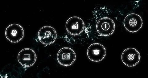 Digital network connecting nine glowing icons on dark field in 3D render, Stock Footage 309285997