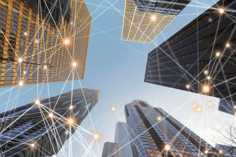 Digital network connection lines of architectures, skyscrapers in Chicago Cit Stock Illustration