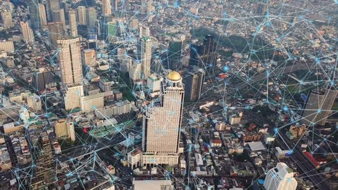 Digital network connection lines of Bangkok Downtown. Financial district and  Video stock 101779578