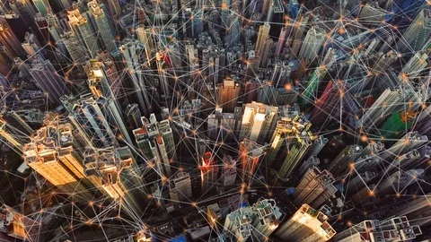 Digital network connection lines of Hong Kong Downtown. Financial district an Vídeos de archivo 101414410