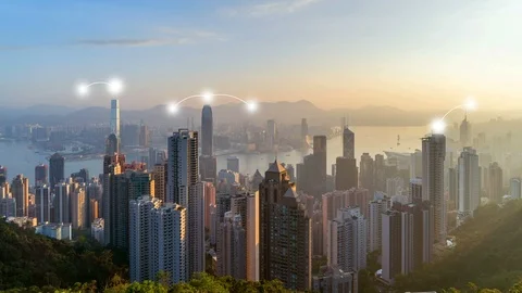 Digital network connection lines of Hong Kong Downtown. Financial district an Vídeos de archivo 101782317