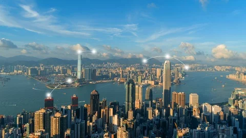 Digital network connection lines of Hong Kong Downtown. Financial district an Vídeos de archivo 101782602