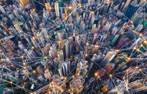 Digital network connection lines of Hong Kong Downtown. Financial district an Fotos de archivo