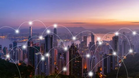 Digital network connection lines of Hong Kong Downtown. Financial district an Fotos de archivo