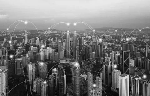 Digital network connection lines of Kuala Lumpur Downtown, Malaysia. Financia Fotos de archivo