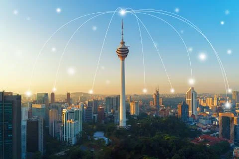 Digital network connection lines of Kuala Lumpur Downtown, Malaysia. Financia Fotos de archivo