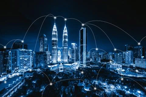 Digital network connection lines of Kuala Lumpur Downtown, Malaysia. Financia Fotos de archivo