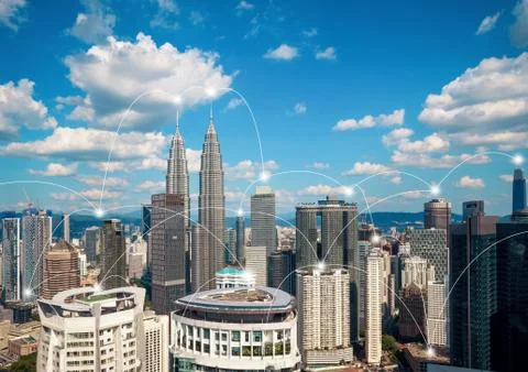Digital network connection lines of Kuala Lumpur Downtown, Malaysia. Financia Fotos de archivo