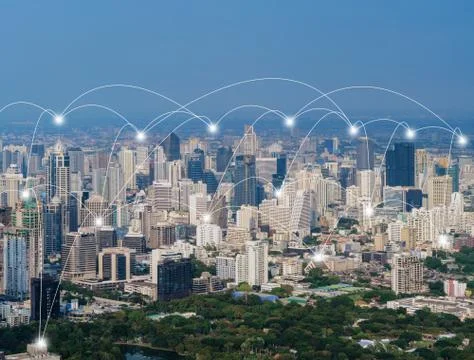 Digital network connection lines of Sathorn, Bangkok Downtown, Thailand. Fina Fotos de archivo